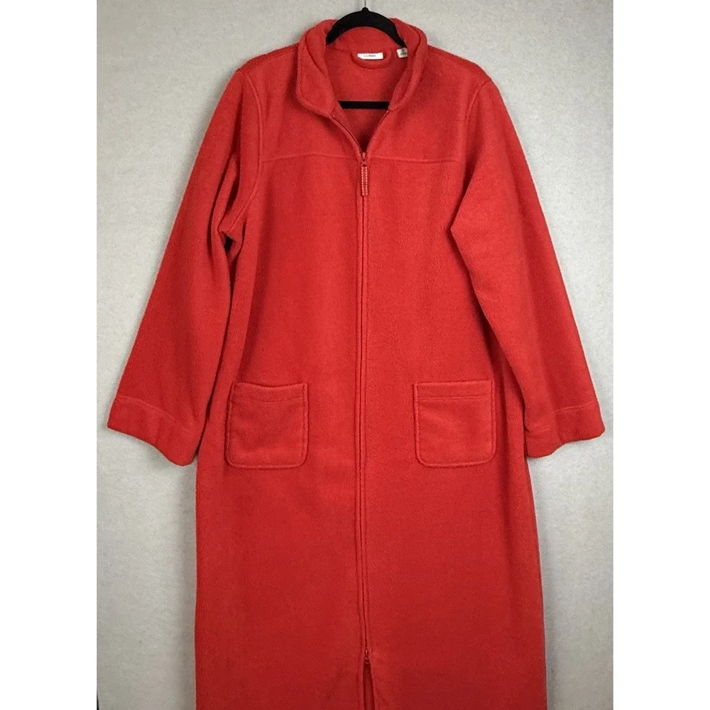 LL Bean Vintage Womens Winter Fleece Zip Up Housecoat Robe Size XL Red - Picture 3 of 6